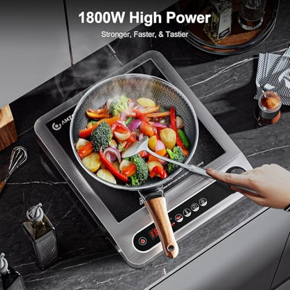AMZCHEF Commercial Induction Cooktop, 1800W Countertop Burner with 18 Power&Temperature Setting, Double IGBT, Timer, Safety Function, Stainless steel Electric Hot Plate for Restaurant, Kitchen, Hotel