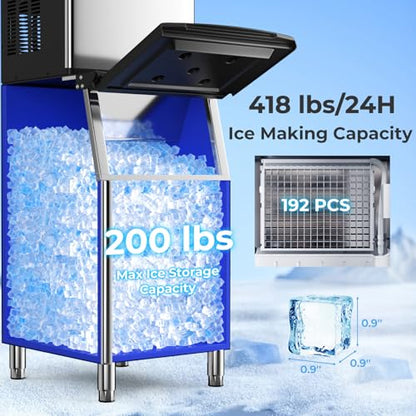 COSTWAY Commercial Ice Maker Machine 418 LBS/24H with 200 LBS Storage Bin, 192PCS Ice Cubes in 11-20 Mins, ETL Approved Industrial Ice Machine with Auto Self-Cleaning for Restaurant Bar Cafe