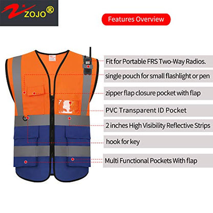zojo High Visibility Reflective Safety Vest with Multi Pockets 10 Pack Bulk - color: Mix Orange & Blue, size: X-Large