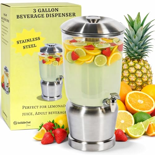 Drink Dispenser with Ice Chambers, Lemonade Tea Water Dispenser with Spigot, Stainless Steel Beverage Jar Jug, Perfect for Home Parties, Weddings, Gifts & Events (Silver, 3, Gallons) - color: Silver