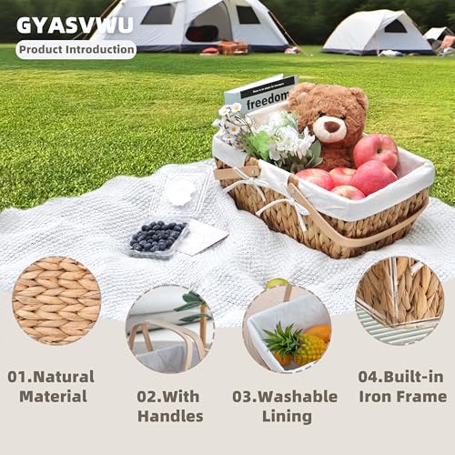 GYASVWU Water Hyacinth Picnic Baskets, Wicker Picnic Basket with Handle, Wicker Bread Basket with Linner, Empty Gift Baskets for Easter, Weddings, Garden and Home Decor (Original)