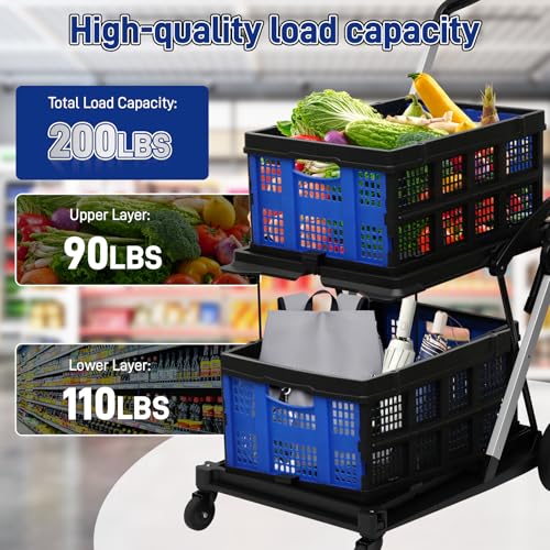 Collapsible Shopping Cart with 2 Bins Grocery Cart on Wheels Multi Use Two Tier Folding Cart for Farmers Market,Kitchen,Grocery Shop