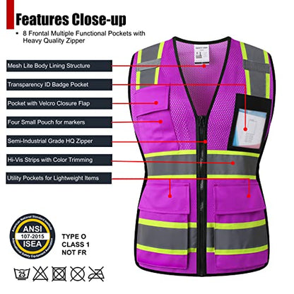 Safety Vest for Women High Visibility Vest with 8 Pockets and Front Zipper Mesh Reflective Vest Meets ANSI/ISEA Standards(Purple-17, Large) - color: Purple-17, size: Large