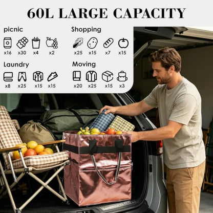 Reusable Grocery Bag on 4 Swivel Wheels, 60L Large Rolling Tote Bag - color: Pink