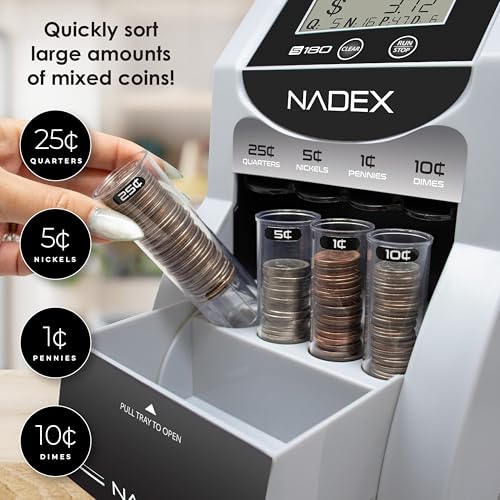 Nadex S180 Digital Coin Sorter and Counter – Displays Total and Denomination Values, Black