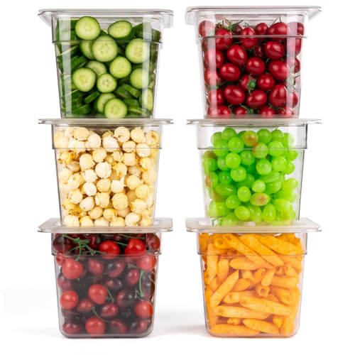 VOISEN 6 Pack Plastic Food Pan with Lids 1/6 Size 6 Inch Deep - color: 6 Pack 1/6 6"Deep
