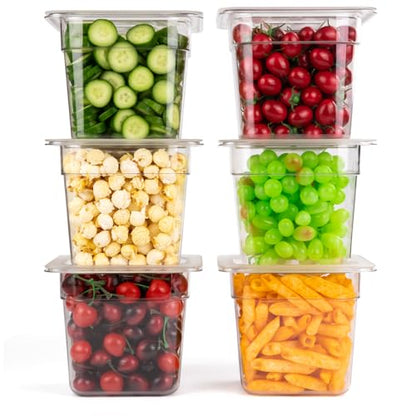 VOISEN 6 Pack Plastic Food Pan with Lids 1/6 Size 6 Inch Deep - color: 6 Pack 1/6 6"Deep