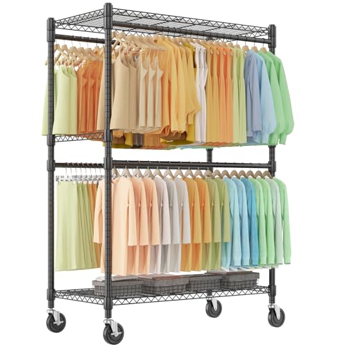 Himimi Double Rods Clothes Rack Heavy Duty,Adjustable Metal Garment Rack with Wheels,Portable Clothing Rack for Hanging Clothes, Closet Rack for Bedroom Laundry Room, 45" W×20.5" D×80.5" H, Black - color: Black, size: 45"W×20.5"D×80.5"H