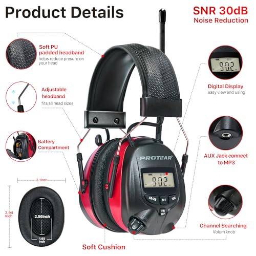 AM/FM Radio Headphones 25dB NRR,Noise Reduction Safety Earmuffs,Digital Display Headset,Powered by AA Battery,Hearing Protection for Walkman Mowing Lawn Work,Red - color: Red