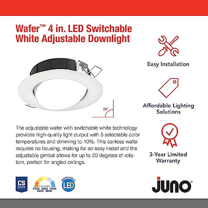 Juno 4" Adjustable LED Wafer Downlight, 5-in-1 CCT, Matte White - color: Matte White, size: 4-Inch