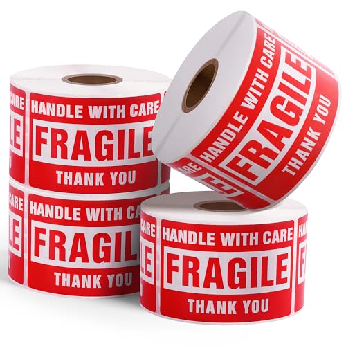 4 Rolls 3 × 2 Inch Fragile Stickers Strong Adhesive Handle with Care Stickers Pre-Perforated Line Fragile Labels for Shipping Moving (2000 Labels) - size: 3" × 2", style: 4 Rolls-2000 PCS