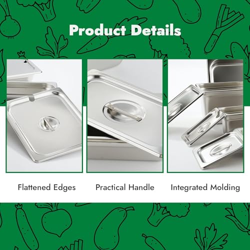 HECMAC 6-Pack 1/6 Size Hotel Pan Cover,Stainless Steel Solid Steam Table Catering Food Pan Lid with Handle, 23 Gauge - size: 1/6 Size, Plain Lid