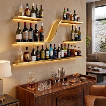 47in Gold Wall Mounted Wine Rack with LED Lights - color: Gold, size: 47in