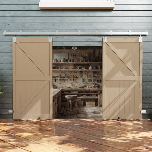 JUBEST 16FT Box Rail Exterior Barn Door Hardware Kit, Heavy Duty Sliding Door Track Kit Wall Mount Door Hardware Kit for Two Doors System(Doors Not Included), Silver - size: 16FT(for 2 door)