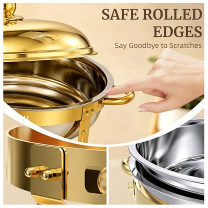 HEADMALL Chafing Dishes for Buffet 4 Pack, 6QT Round Gold Chafing Dish Buffet Set with High Dome Lid, Stainless Steel Food Warmers for Parties, Catering Supplies and Buffet Servers, Safe Rolled Edge - color: Gold