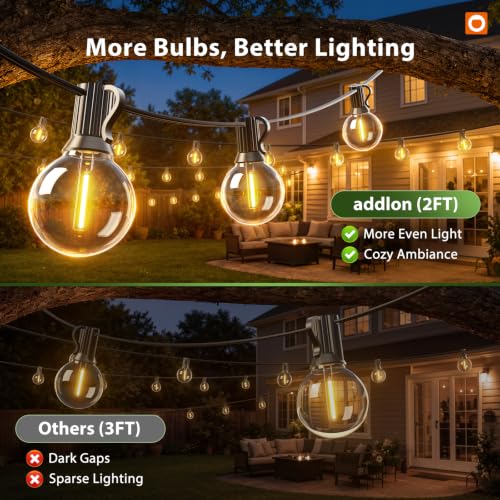 addlon 56FT(50+6) Solar String Lights Outdoor with Remote, 27 LED G40 Bulbs - size: 50FT