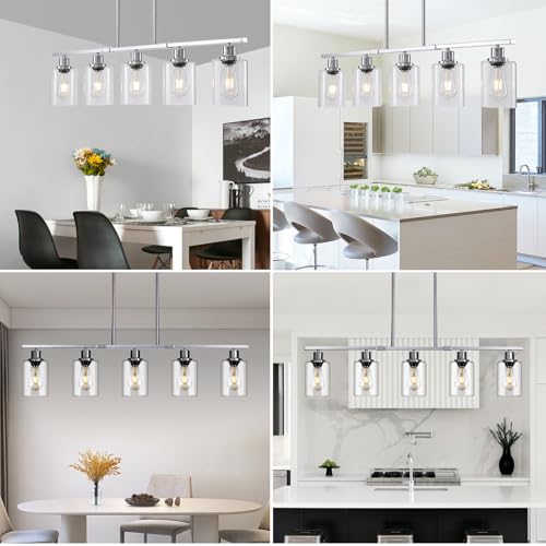 39.4" Kitchen Island Lighting, 5 Lights Clear Glass Pendant Light Fixtue, Chrome Linear Metal Chandelier for Dining&Living Room Foyer,Height Adjustable,E26 Socket - color: Chrome