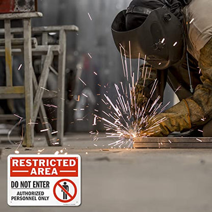 SmartSign 7 x 10 inch “Restricted Area - Do Not Enter, Authorized Personnel Only” Metal Sign with Symbol, 40 mil Laminated Rustproof Aluminum, Red, White and Black, Made in USA - style: 7" x 10" - Aluminum