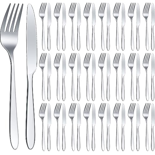 Nuenen 50 Pcs Stainless Steel Forks Silverware Set Dinner Forks and Knives - color: Silver, size: 7.1 x 1 Inch, 8.4 x 0.7 Inch