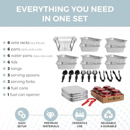 Alpha Living 6 Pack - Disposable Chafing Dish Buffet Set, Half Size Pans, Welded Body Food Warmers for Parties, Fuel Cans Complete Set, Warming Trays - size: Complete Kit (with Racks)