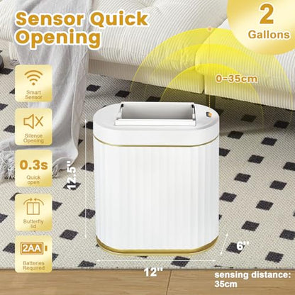 ELPHECO Motion Sensor Bathroom Trash Can with Lid 2 Gal Automatic Trash Can - color: White Gold
