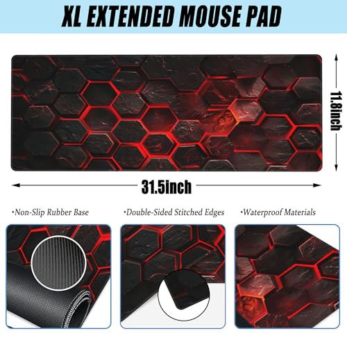 Large Gaming Mouse Pad for Desk,Red Honeycomb Science Technology Desk Mat,Honeycomb Hexagon Desk Pad,Extended Big Computer Keyboard Mouse Pad with Non-Slip Base Stitched Edges 31.5"x11.8" - color: Red Honeycomb Science Technology, size: 11.8" x 31.5"