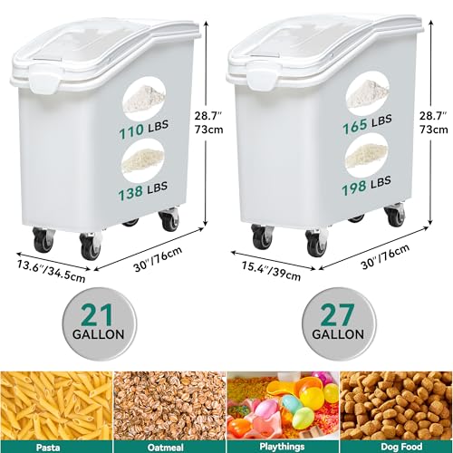 YITAHOME Commercial Rice Container Set of 2, Large Ingredient Storage Bin with Wheels, Lid, Cups & Scoop for Kitchen/Restaurant, 21 & 27 Gallon Bulk Flour Bin, White