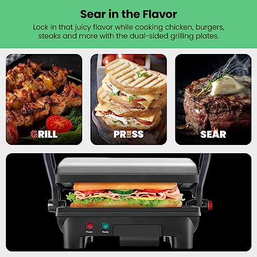 Chefman Electric Panini Press Grill, Compact 2-Slice Sandwich Maker, Non-Stick Coated Plates, Opens 180 Degrees, Dishwasher Safe, Removable Drip Tray, Stainless Steel/Black