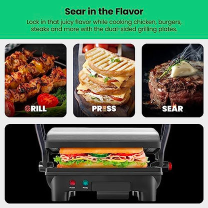 Chefman Electric Panini Press Grill, Compact 2-Slice Sandwich Maker, Non-Stick Coated Plates, Opens 180 Degrees, Dishwasher Safe, Removable Drip Tray, Stainless Steel/Black