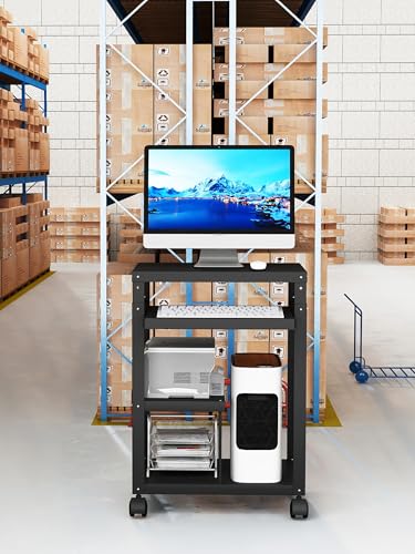 AV Presentation Cart with Keyboard Tray Mobile AV Cart Stand Metal Media Cart with Wheels for Projector Height Adjustable Computer Workstation Presentation Cart for School Classroom Office