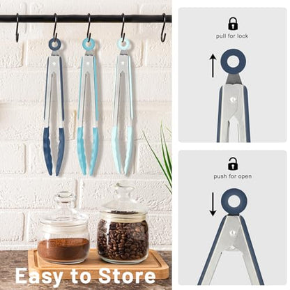 HOTEC Small Silicone Kitchen Tongs 7-Inch Mini Serving Tongs, Set of 3 - color: Gradient Blue