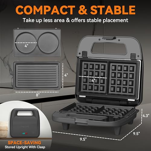 Baker’s Friend 3 in 1 Mini Waffle Maker with Removable Plates, Dual Waffle & Pancake and Grill Plates, Breakfast Sandwich Maker Press, Dishwasher Safe, Non-stick Coating, Graphite