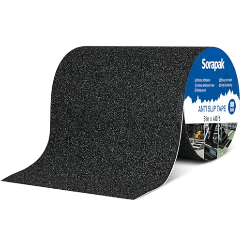 Heavy Duty 8in x 40ft Black Anti Slip Tape, 80 Grit Waterproof Non Skid Grip Tape Roll for Stairs, Ramps, Decks, Boat Decks, Floors, Warehouses & Outdoor Use - size: 8'' x 40 FT
