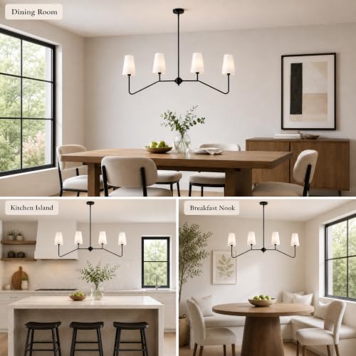43" W 4-Light Linear Chandelier,Black Kitchen Island Pendant Lighting with White Fabric Shades,Adjustable Height Modern Dining Room Light Fixture,E12 for Kitchen Dining Room Foyer - color: 4 Light-Black