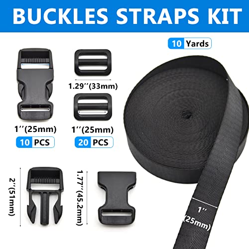 1 inch Buckles Straps Set with 10 Yards Nylon Webbing Strap,10 pcs Quick Side Release Plastic Buckle, 20 pcs Tri-glide Slide Clip for Luggage Strap, Backpack Replacement (Black) - color: Black