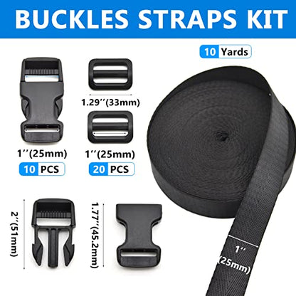 1 inch Buckles Straps Set with 10 Yards Nylon Webbing Strap,10 pcs Quick Side Release Plastic Buckle, 20 pcs Tri-glide Slide Clip for Luggage Strap, Backpack Replacement (Black) - color: Black
