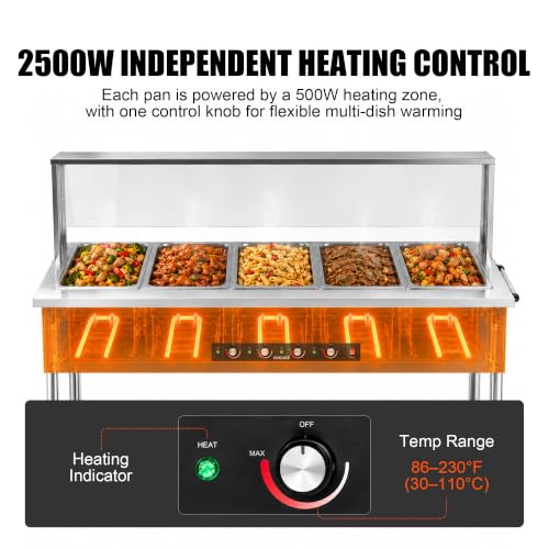 Steam Table, Commercial Food Warmer, 100QT 5-Pan, Dry Heat, Removable Work Table, Shield, 5 Independent Temperature Controls & Even Warming, 110V–120V, Undershelf & Locking Wheels - size: Dry Heat --100QT (110-120V)