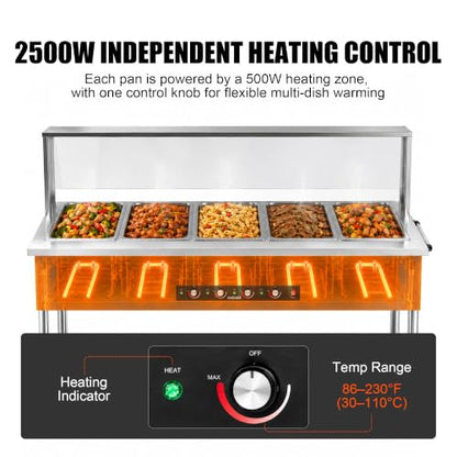 Steam Table, Commercial Food Warmer, 100QT 5-Pan, Dry Heat, Removable Work Table, Shield, 5 Independent Temperature Controls & Even Warming, 110V–120V, Undershelf & Locking Wheels - size: Dry Heat --100QT (110-120V)