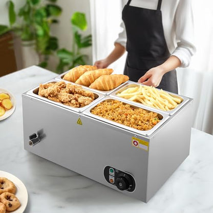 WILPREP Commercial Food Warmer with Four 1/4 Pans, 1500W Countertop Electric Steam Table, 86-185°F Adjustable Temp Control & Over-Temp Protection, Stainless Steel Buffet Bain Marie - size: 1/4 pan*4