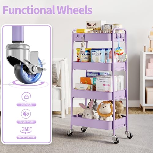 TOOLF 4 Tier Metal Rolling Cart, Utility Storage Cart with Wheels, Purple - color: Purple, size: 4-Tier