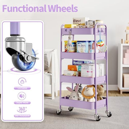 TOOLF 4 Tier Metal Rolling Cart, Utility Storage Cart with Wheels, Purple - color: Purple, size: 4-Tier