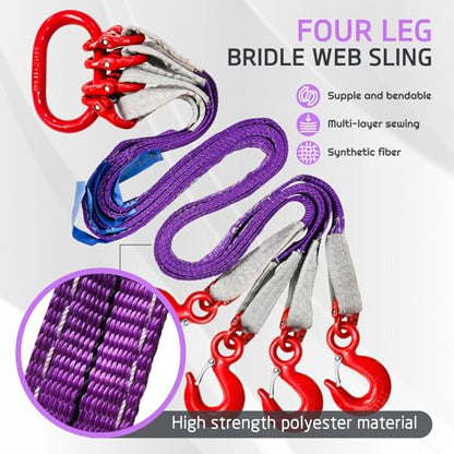 Four Leg Bridle Web Sling 5ft with Hooks, 6600lbs Capacity - size: 6600 lb / 5 ft