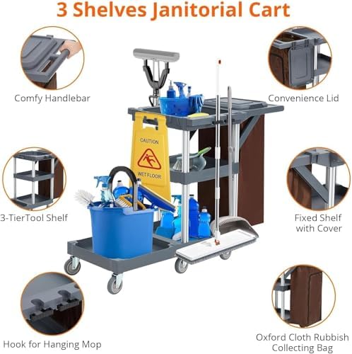 Heavy-Duty Janitorial Cleaning Cart with Wheels, 3-Shelf Rolling Housekeeping Trolley with 16-Gallon Trash Bag – 220 Lb Capacity Utility Cart for Hotels, Schools, Offices & Apartments - color: Grey Without Cabinets