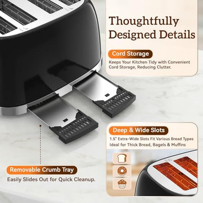 RONGBEST Retro Toaster 4 Slice with Stainless Steel Wide Slot Touch Screen for Family Breakfast, 6 Browning Levels for Bagel & Bread, Reheat & Defrost, Removable Crumb Tray, Jet Black - color: Jet Black