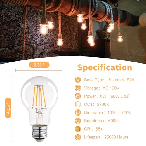 A19 Clear Led Bulbs, E26 Dimmable Edison Bulbs, 2700K Warm Light Led Light Bulb, Soft Yellow White Edison Bulb, 6w Filament Bulb for Light Fixture 6pack/12Pack - color: Clear 2700k Warm White, size: 6W-6 Pack