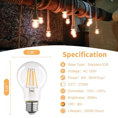 A19 Clear Led Bulbs, E26 Dimmable Edison Bulbs, 2700K Warm Light Led Light Bulb, Soft Yellow White Edison Bulb, 6w Filament Bulb for Light Fixture 6pack/12Pack - color: Clear 2700k Warm White, size: 6W-12 Pack