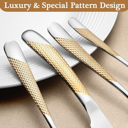 24 Piece Gold Hammered Silverware Set for 6, Premium Food-grade Stainless Steel Flatware Set, Luxury Design & Mirror Polished Cutlery Set, Eating Utensil Set with Fork Knife Spoon, Dishwasher Safe - color: Star Gold 24pcs