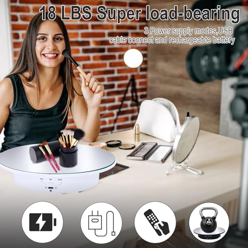 JAYEGT Motorized Rotating Display Stand, 7.87inch /17.6lbs Load, 360 Degree Electric Rotating Turntable for Photography Products, Jewelry，5 Colors Backgrounds, Mirror Cover (White/Remote Control) - color: White
