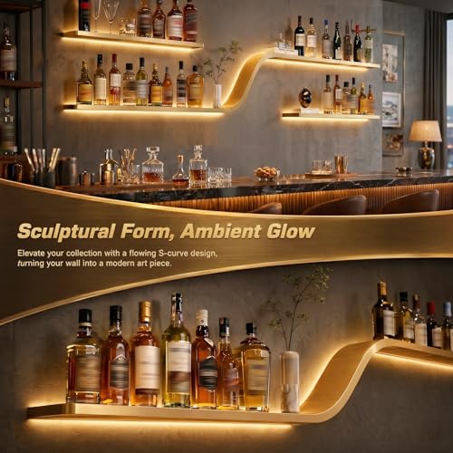 70" Gold Wall Mounted Wine Rack with LED Lights - color: Gold, size: 70in