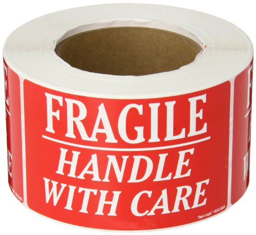 Aviditi Tape Logic 3" x 4", "Fragile Handle With Care" Red/White Warning Sticker, For Shipping, Handling, Packing, and Moving (1 Roll of 500 Labels)
